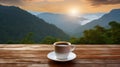 Coffee cup on wood table and view of beautiful nature background. AI Generative. Royalty Free Stock Photo