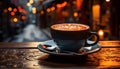 Coffee cup on wooden saucer, close up of frothy cappuccino generated by AI Royalty Free Stock Photo