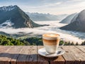 Coffee cup on wooden table with beautiful mountain Royalty Free Stock Photo