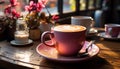 Coffee cup on wooden table, close up of frothy cappuccino generated by AI Royalty Free Stock Photo