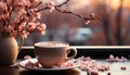 Coffee cup on wooden table, fresh drink in springtime generated by AI Royalty Free Stock Photo