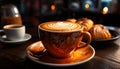 Coffee cup on wooden table, heat steams from frothy cappuccino generated by AI Royalty Free Stock Photo