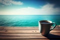 Coffee cup on wooden table over beautiful sea background AI Generated Royalty Free Stock Photo