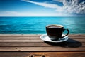 Coffee cup on wooden table over beautiful sea background AI Generated Royalty Free Stock Photo