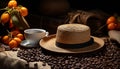 Coffee cup on wooden table, surrounded by rustic elegance generated by AI