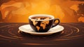 coffee cup with the world map on the background of coffee beans vector illustration Royalty Free Stock Photo