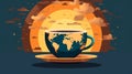 coffee cup with the world map and clouds on a blue background Royalty Free Stock Photo