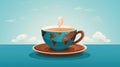 coffee cup with world map and clouds on blue background vector illustration ilustraÃÂ§ÃÂ£o Royalty Free Stock Photo