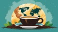 coffee cup with world map and coffee beans on a blue background vector illustration Royalty Free Stock Photo