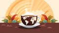coffee cup with the world map on the cup and leaves on the background vector illustration ilustraÃÂ§ÃÂ£o Royalty Free Stock Photo