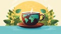 coffee cup with the world map and plants on the background vector illustration ilustraÃÂ§ÃÂ£o Royalty Free Stock Photo