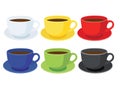 Coffee cup on saucer and many coffee cups multi color White yellow red blue green black Royalty Free Stock Photo