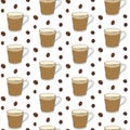 Coffee cups on with coffee beans and mugs. Cafe seamless pattern. drawn illustration. Vector graphic line ink colored art. Royalty Free Stock Photo