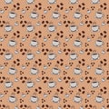 Coffee cups and beans seamless pattern beverage. Pattern of a hot coffee cup and coffee beans vector illustration background. Royalty Free Stock Photo