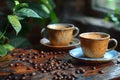 coffee cups and coffee beans on a coffee table, in the style of realistic genre scenes, photo-realistic hyperbole