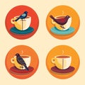 Coffee cups and birds icons set. Vector illustration in flat style Royalty Free Stock Photo