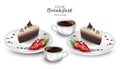 Coffee cups and cake slices Vector realistic. Coffeetime desserts cards