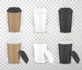 Coffee cups closed and open brown  white  black mockups set. Disposable containers with lids Royalty Free Stock Photo