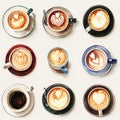 Coffee cups collection in watercolor style. Seamless pattern. Top view