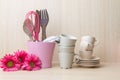 Coffee cups collection on wooden background