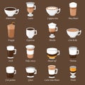 Coffee cups different cafe drinks types espresso mug with foam beverage breakfast morning sign vector.
