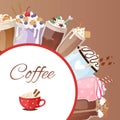Coffee cups different dessert sorts and hot chocolate with cream topping poster cartoon vector illustration. Royalty Free Stock Photo