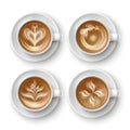 Coffee cups. Different realistic cappuccino drawings, top view porcelain pairs, hot drinks with foamed milk, latte and Royalty Free Stock Photo