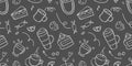 Coffee cups drawn with chalk on a black board. Doodle coffee and desserts seamless pattern Royalty Free Stock Photo