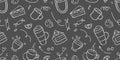 Coffee cups drawn with chalk on a black board. Doodle coffee and desserts seamless pattern Royalty Free Stock Photo