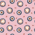 Coffee cups with espresso and cappuccino and coffee beans, watercolor hand drawn seamless pattern on pink background Royalty Free Stock Photo