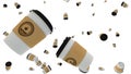 Coffee Cups Falling on White Background. 3d illustration Royalty Free Stock Photo