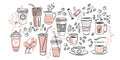 Coffee cups hand drawn vector illustration set. Various cups sketch style drawn collection with sugar, spoons, bubbles