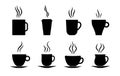 Coffee cups icon. Silhouette of hot tea, latte, espresso with steam. Cafe symbol. Mug coffee drink takeaway. Black graphic logo Royalty Free Stock Photo