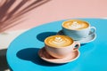 Coffee cups with leaf art sit on a bright blue table in a cafe setting during the day Royalty Free Stock Photo