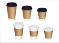 Coffee cups with a lid made of kraft paper. Three sizes. Large, medium, small. Vector 3d Realistic set of Coffee Cups. Mockup. ak