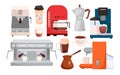 Coffee cups, machines and makers set, coffee shop collection of hot drink menu, equipment