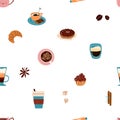 Coffee cups, mugs, glasses, and various sweet desserts seamless pattern Royalty Free Stock Photo