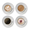 Coffee cups. Realistic espresso, latte or cappuccino. 3D white mugs and saucer with hot beverage. Caffeine drinks