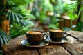 Coffee cups on rustic table surrounded by lush green plants in a cozy cafe setting Royalty Free Stock Photo