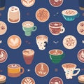 Coffee Cups Seamless Pattern. Repetitive Design Featuring Various Coffee Cups In Different Styles And Colors, with Foam Royalty Free Stock Photo