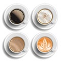 Coffee Cups Set Vector. Top View. Different Types. Coffee Menu. Hot Latte, Cappuchino, Americano, Raf Coffee. Fast Food