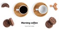 Coffee cups and sweets on a white background. Long header banner format. Panorama website header banner. Royalty Free Stock Photo