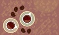 Coffee cups top view on coffee beans background, copy space, flat vector illustration, Royalty Free Stock Photo