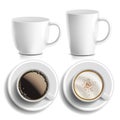 Coffee Cups Vector. Top, Side View. Different Types. Aromatic Classic Hot Coffee. Fast Food Cup Beverage. White Mug