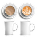 Coffee Cups Vector. Top, Side View. Different Types. Coffee Menu. Hot Coffee. Fast Food Cup Beverage. Breakfast And