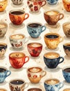Coffee Cups Watercolor Illustration Seamless Pattern Royalty Free Stock Photo