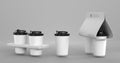 Coffee cups in white paper holders. Cardboard packaging for take away hot drinks. Mockup of blank carriers for