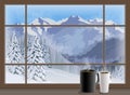 Coffee cups on a window sill. winter mountain landscape. Vector Royalty Free Stock Photo