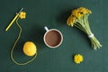 Coffee, dandelions and crocheted flower Royalty Free Stock Photo