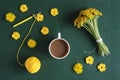 Coffee, dandelions and crocheted flowers Royalty Free Stock Photo